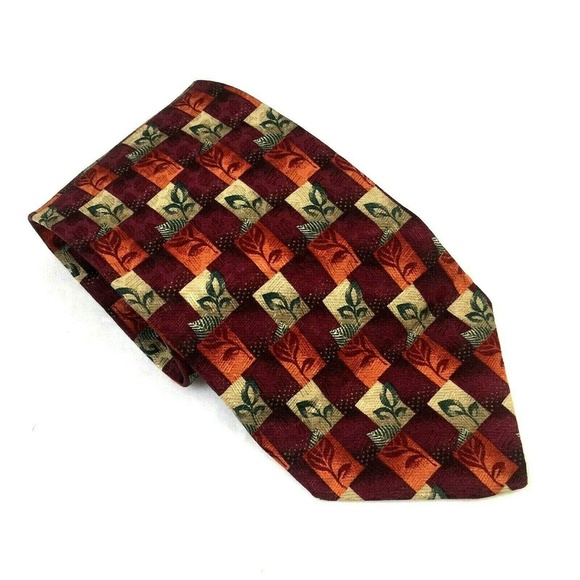 Ermenegildo Zegna Tie Burgundy Orange Leaf Check - Picture 1 of 5